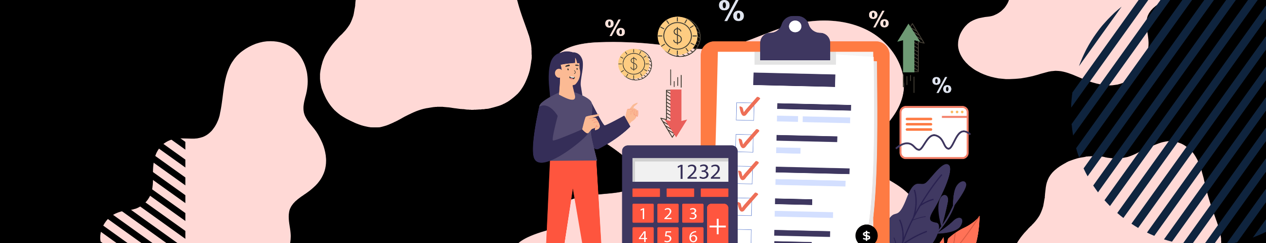 Illustration of a person pointing at calculator, money and a checklist