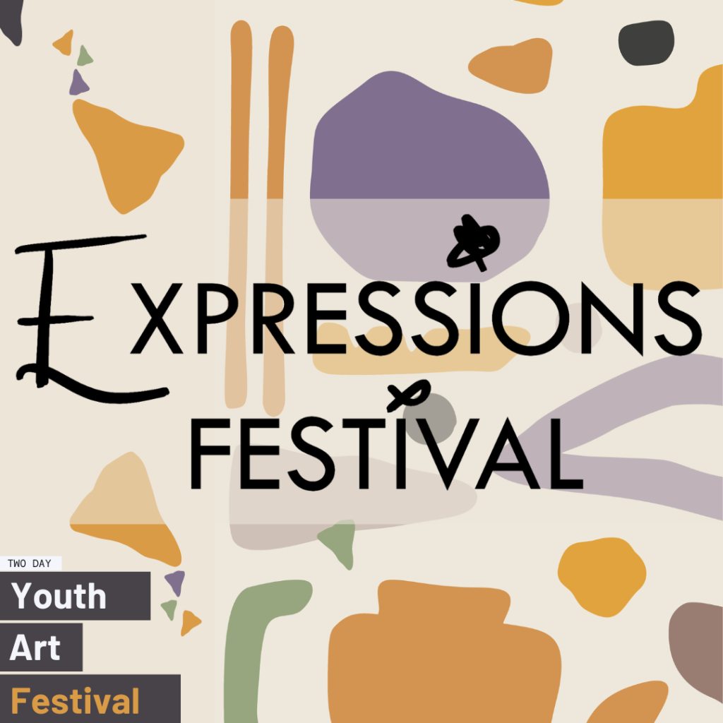 Coloured shapes on a biege background, text reads: Expressions Festival, Two Day Youth Art Festival