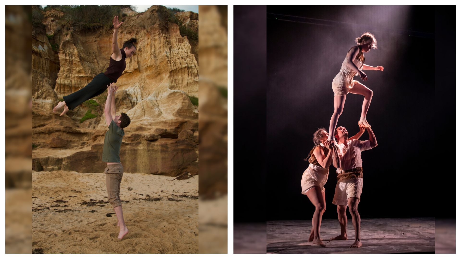 Two images side by side of people doing acrobatics